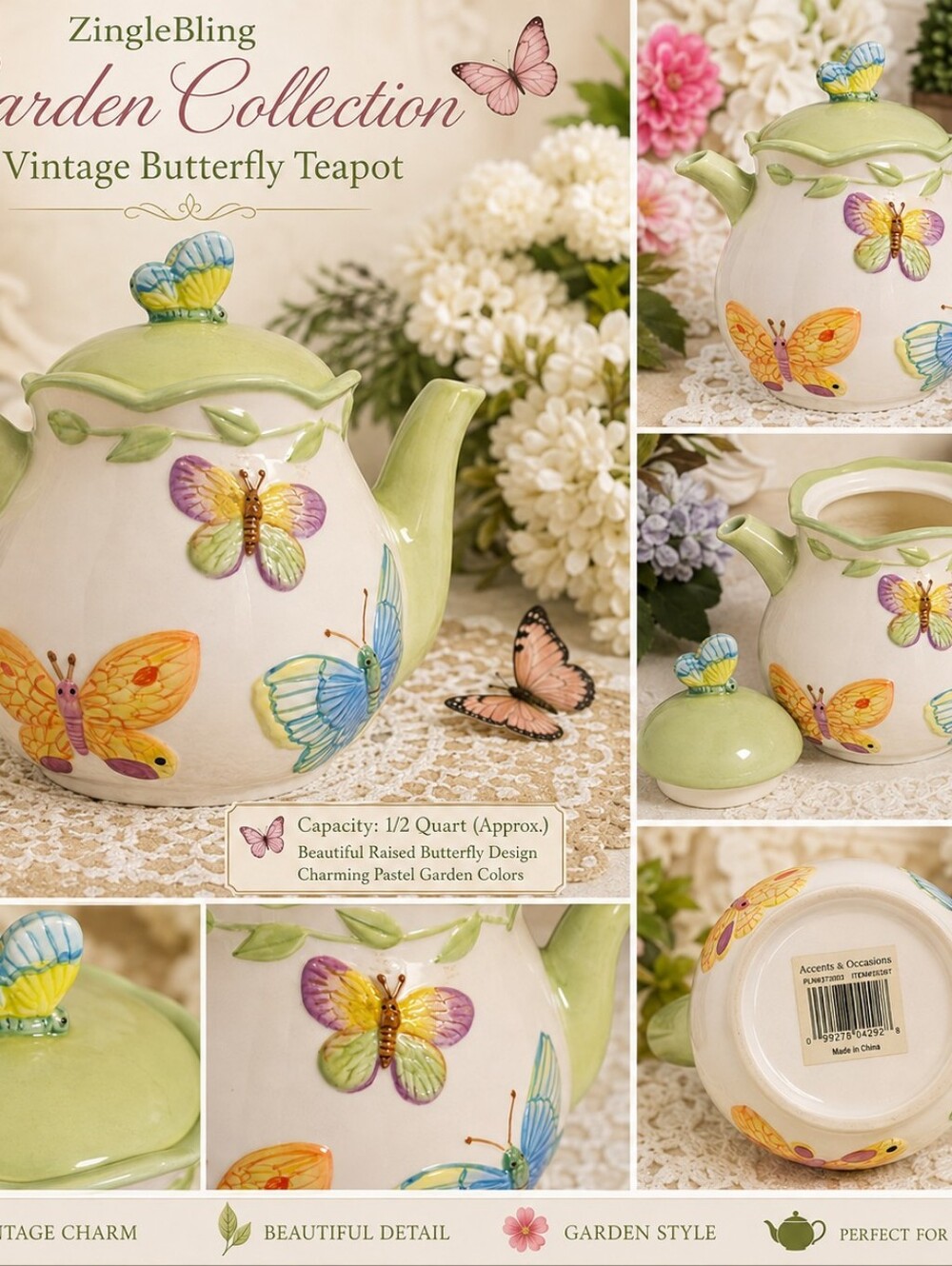 Vintage Butterfly Teapot Ceramic Accents & Occasions Cottagecore Spring Garden - Picture 7 of 14